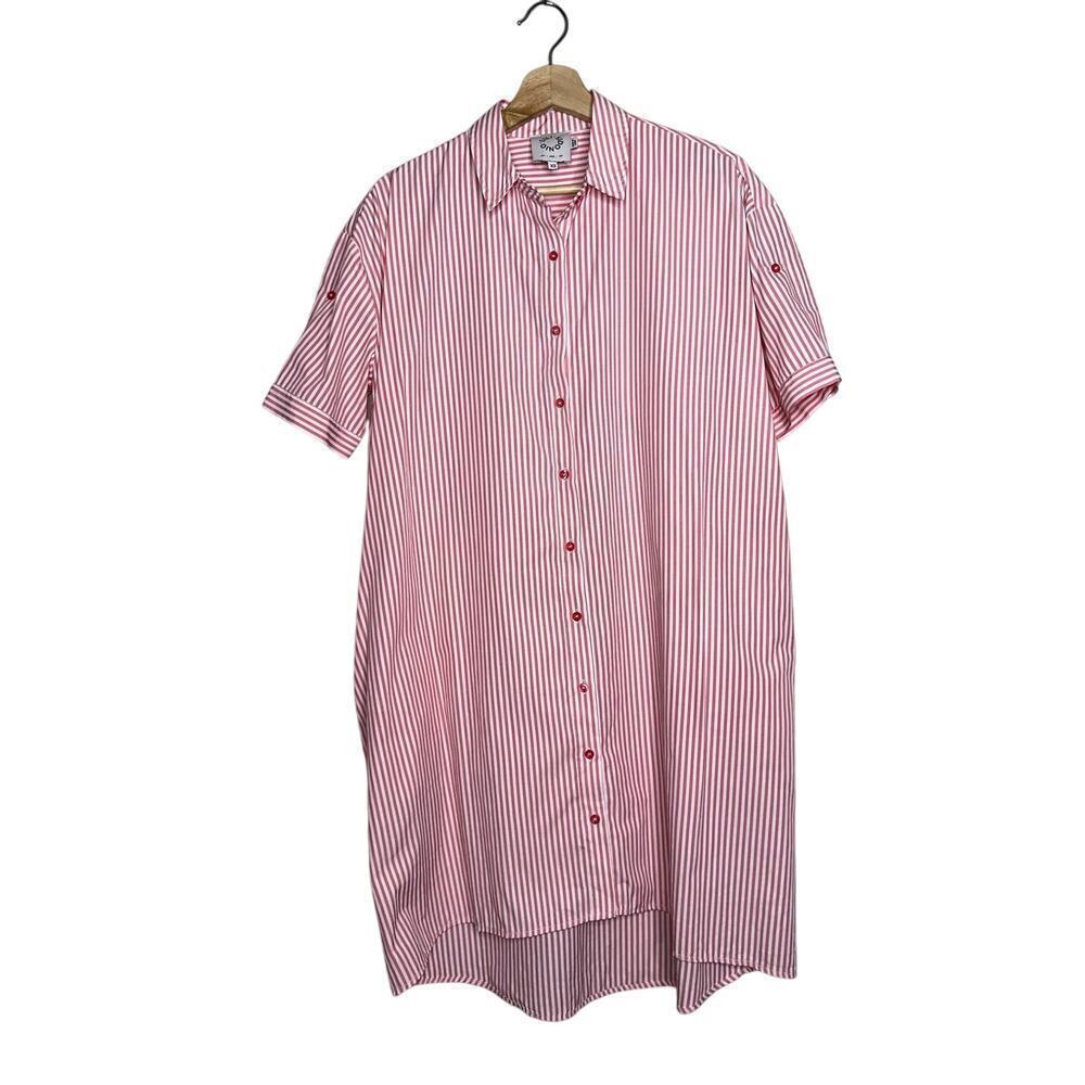 Lili Sidonio Pink White Striped Button Down Shirt Dress XS Roll Tab Sleeve
